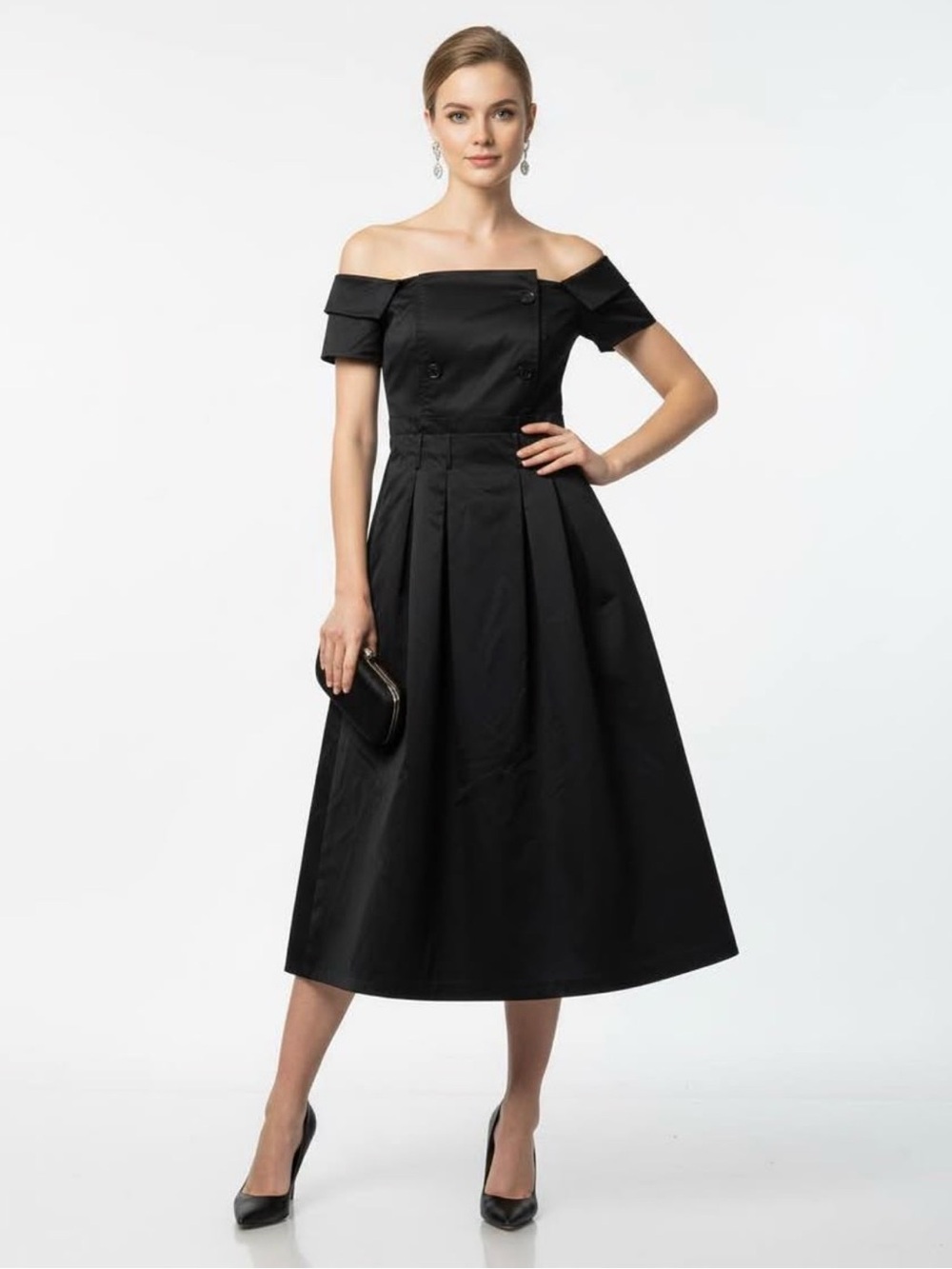 Black Off-Shoulder Midi Dress
